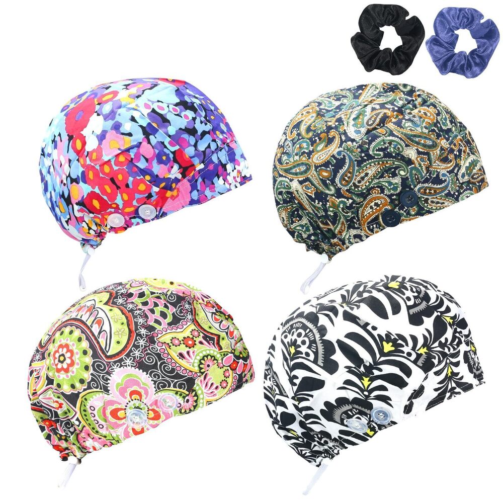 2857 4Pcs Bouffant Scrub Caps Adjustable Surgical Working Cap and Nurse
